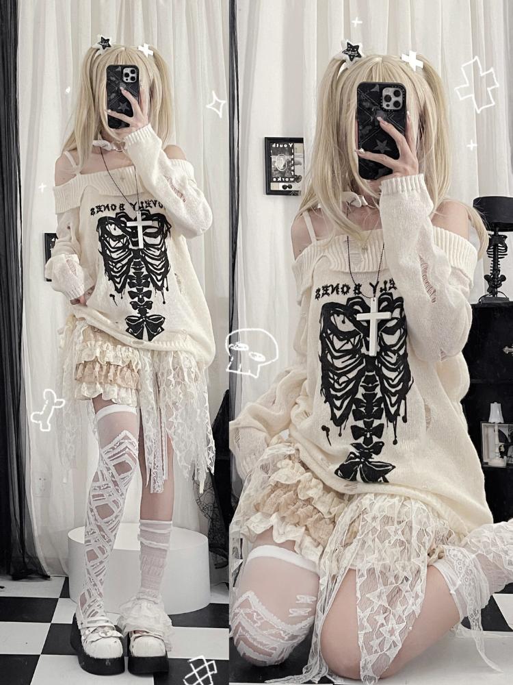 Y2k Harajuku Готические вязаные пуловеры женские японские модные сексуальные топы с открытыми плечами женский корейский свободный повседневный свитер Новинка 2024 года