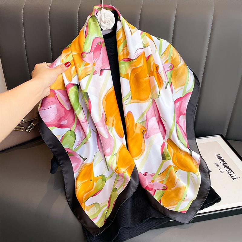 Print Satin Silk Square Scarf Hijab Women Bandana 90CM Headscarves Neckerchief Ladies Muffler Shawl Wrap Foulard Headband