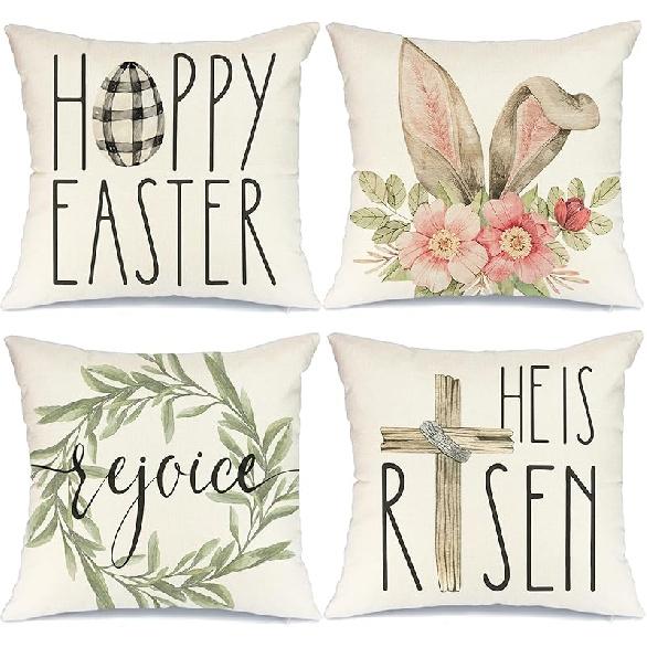 GEEORY Happy Easter He is Risen Throw Pillow Covers 18x18 Inch Set of 4, Cross Flower Wreath Blessed Spring Decorative Farmhouse Holiday Cushion Case