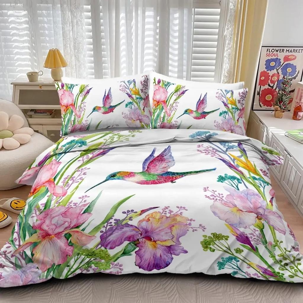 Tropical Birds Duvet Cover Watercolor Hummingbird Flowers Twin Bedclothes Exotic Wildlife White Abstract Polyester Qulit Cover