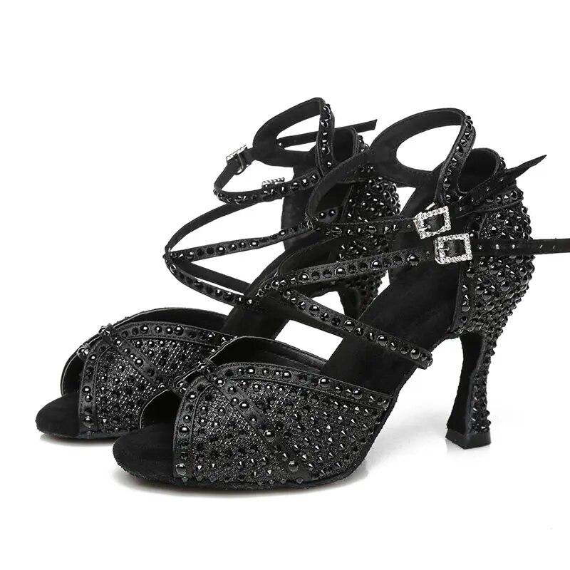 Party Dance Shoes Ladies Salsa Black Red Tango Shoes Latin Dance Shoes Girls Thin Heel Open Toe Ballroom Dancing Shoes