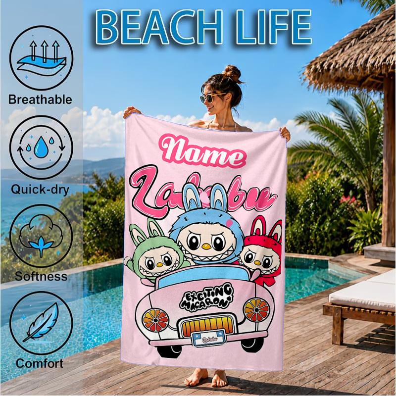 Custom Name Beach Towel Pink Labubu Cute Theme Microfiber Beach Towel, Lightweight for Summer Travel, Swimming Pool Fan Birthday Gift