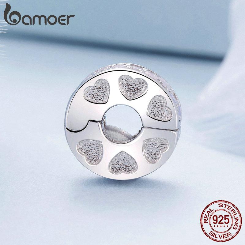 BAMOER 925 Sterling Silver Pink Zircons Symphony Buckle Charms Pendant for Women Bracelet Bangle DIY Jewelry