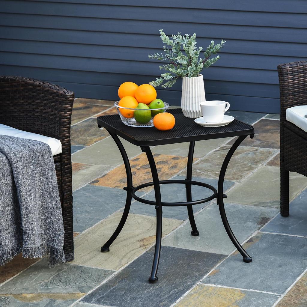 45cm Square Garden Table. Outdoor Metal Bistro Side Desk with Mesh Top. Black