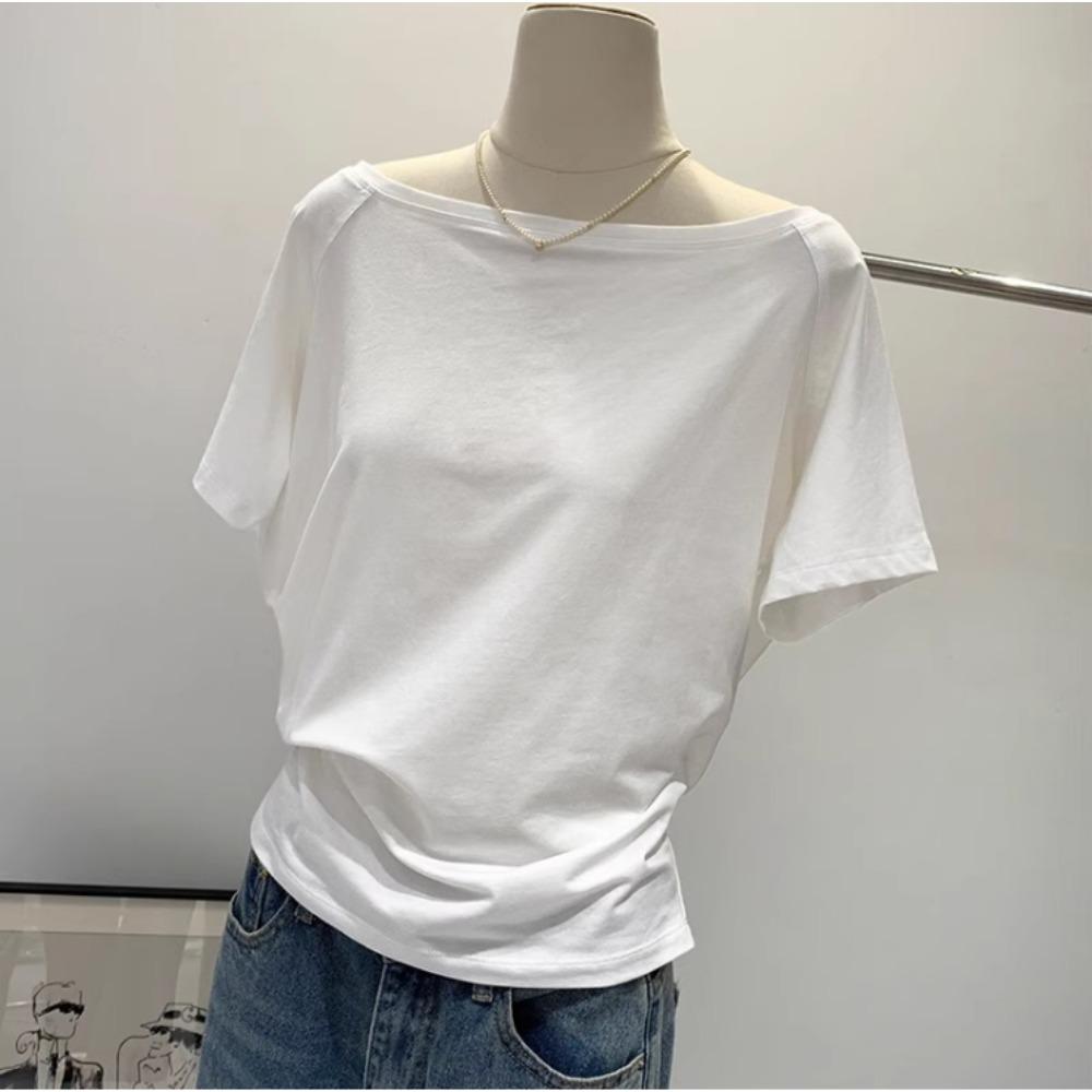 Футболка на одно плечо из чистого хлопка с короткими рукавами и диагональными плечами для женщин, летняя, новая свободная базовая футболка с открытыми плечами