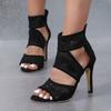 Fashion 2024 New Summer Fashion Round Head Open Toe Sexy Lace Breathable Panel Zipper Casual Slim Heels Women's Large Heel Sandals 35-43