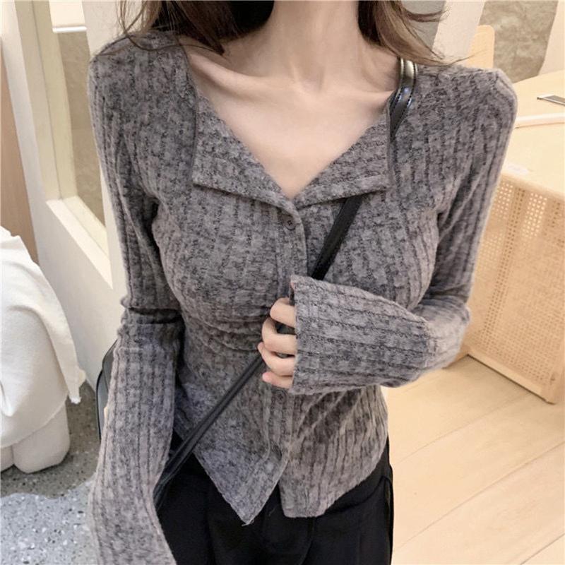 Y2k Knitted Cardigan Women Collar Sweater Coat Vintage Long Sleeve Single Breasted Top Fashion Girls Knitwear