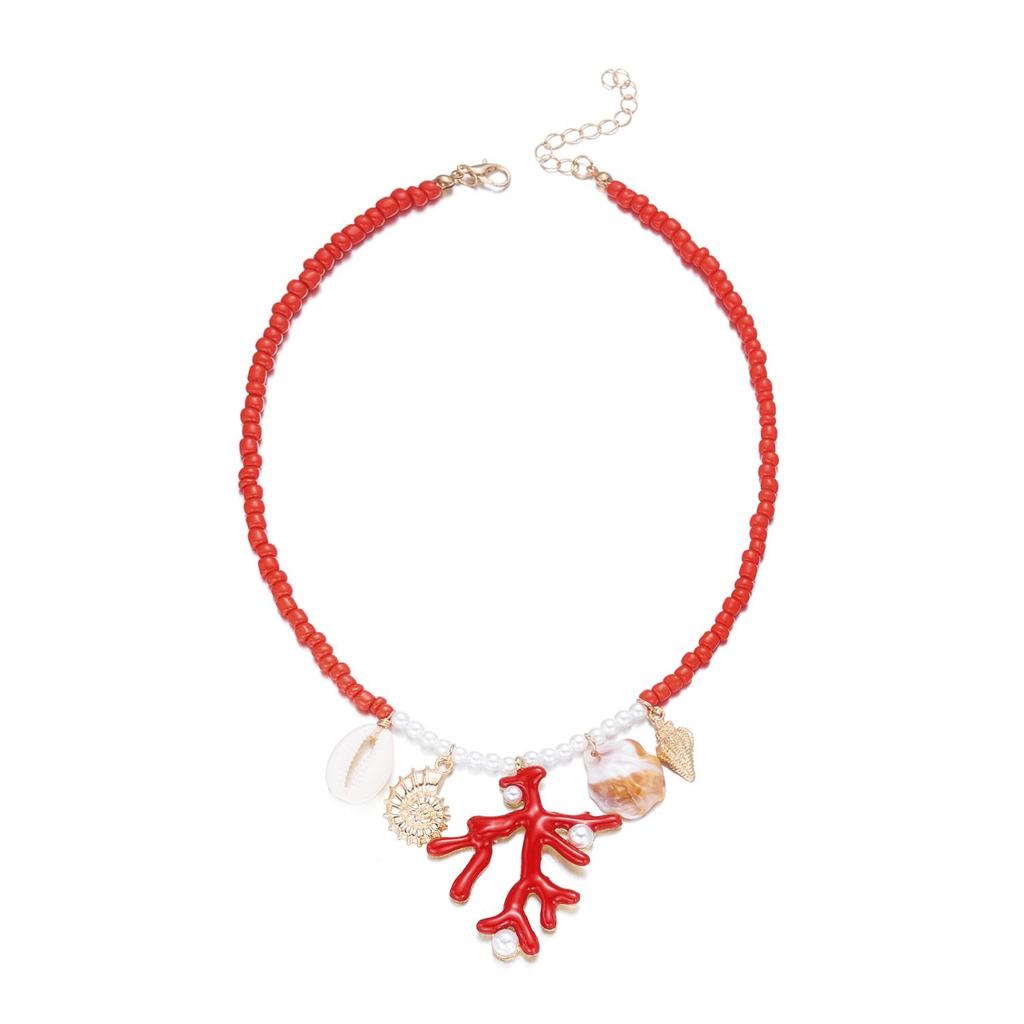 European & American Summer Red Coral & Shell Seed Bead Necklace