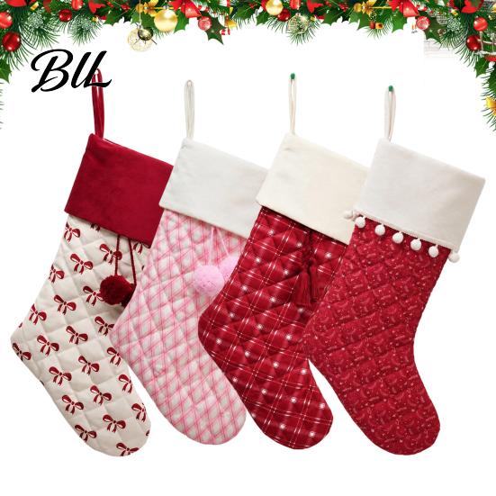 Reusable Flannel Candy Bags Christmas Stockings, 18 x 10 Inch Large Quilted Hanging Rustic Decorative Stocking Sets Xmas Gift for Fireplace