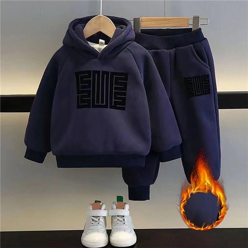 Autumn and Winter Boys Cotton Sweatshirts Sports Casual Clothes Suit Children Plus Velvet Warm Pullover Tops and Pants Two-piece Set