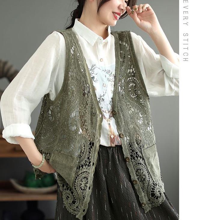 Летний женский кружевной жилет, свободный кардиган с вырезом, жилет в богемном стиле из хлопка с V-образным вырезом, тонкая верхняя одежда