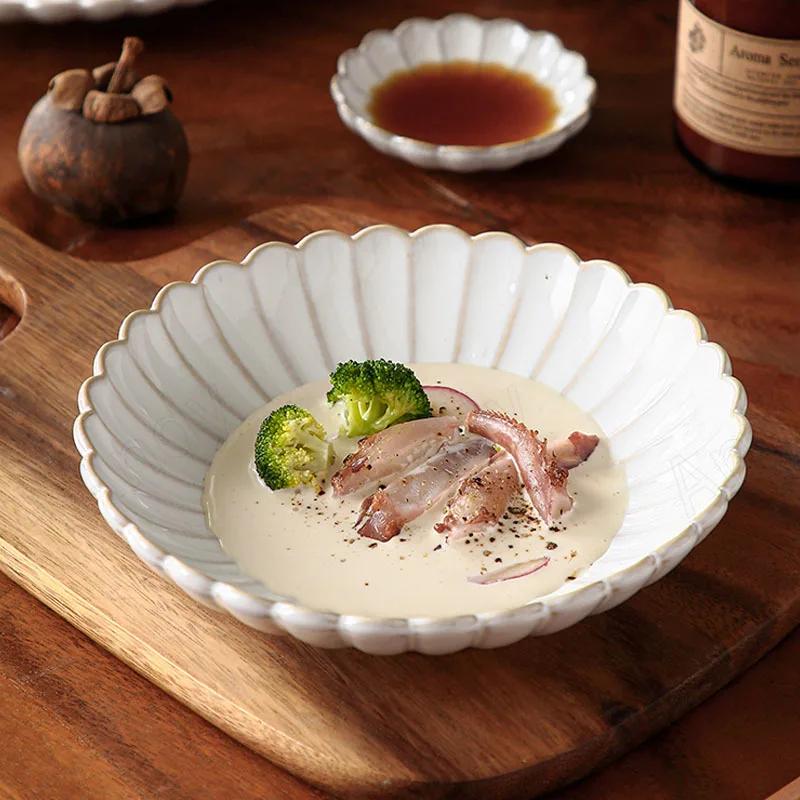 Ретро Керамическая Посуда Тарелки Тарелка для Рыбы Тарелки Ручная Лепка Цветочный Рельеф Гостиная Обеденная Тарелка Кухня Блюдо для Фруктов Салата Миска