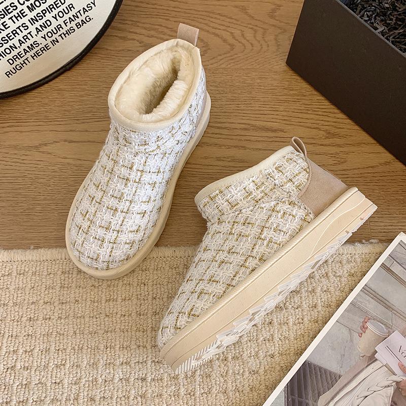 Мода Новая Мода Стиль Снежные Ботинки Короткие Зимние Сапоги из Овчины Женские Клетчатые Шерстяные Ботильоны Меховая Подкладка Теплые Ботильоны Женские Плоские Туфли