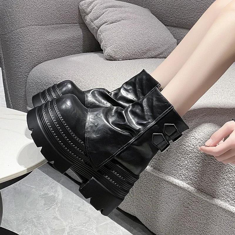 Женские толстые мотоциклетные ботинки 10 см, осенние кожаные кроссовки со скрытым каблуком, зимние водонепроницаемые ботинки для снега, высокие ботильоны на платформе