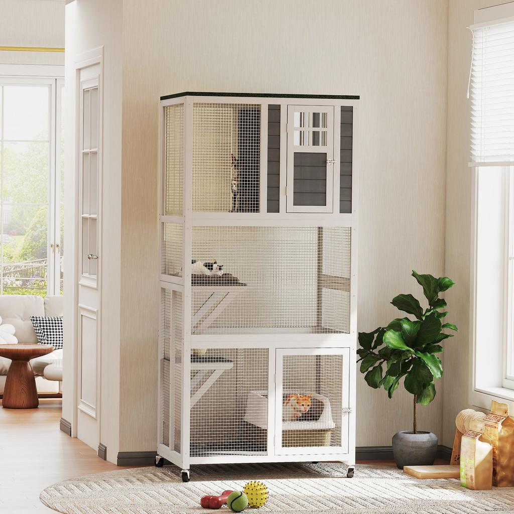 Wooden Catio Cat Outdoor Enclosure Cat Cage With Waterproof Roof Platforms For Multiple Cats White