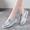 Spring Summer Silver Flats Hollow Out Women's White Loafer Split Leather Boat Shoes Comfy Ladies Best Flats For Standing All Day
