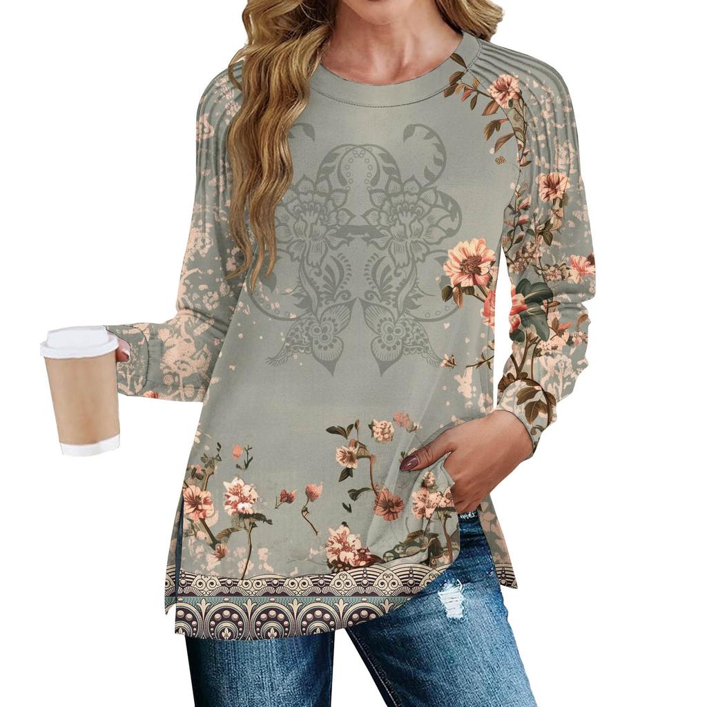 Women's Fashion Casual Split Print Pleated Hem Split Loose Fit Fall Sweatshirt Long Sleeve Top