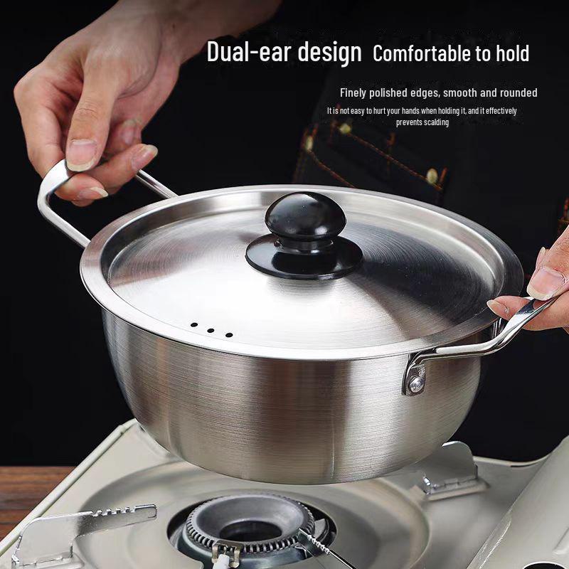 Золотистая корейская кастрюля для рамэна из нержавеющей стали с крышкой — двойные ушки, утолщенная, идеально подходит для лапши, супа или небольших горячих блюд.