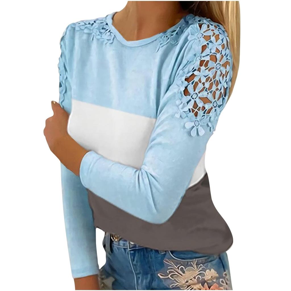 Womens Lace Hollow Out Tops Fall Cold Shoulder Shirts Long Sleeve Crewneck Blouses Casual Loose Pullover Shirts