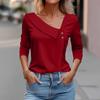 Женская футболка, однотонный пуловер с рукавами 3/4 и V-образным вырезом и пуговицами