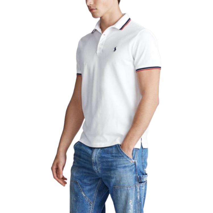 Polo Ralph Lauren Slim Fit Striped Trim Рубашка поло с коротким рукавом Мужская белая 710782636-002