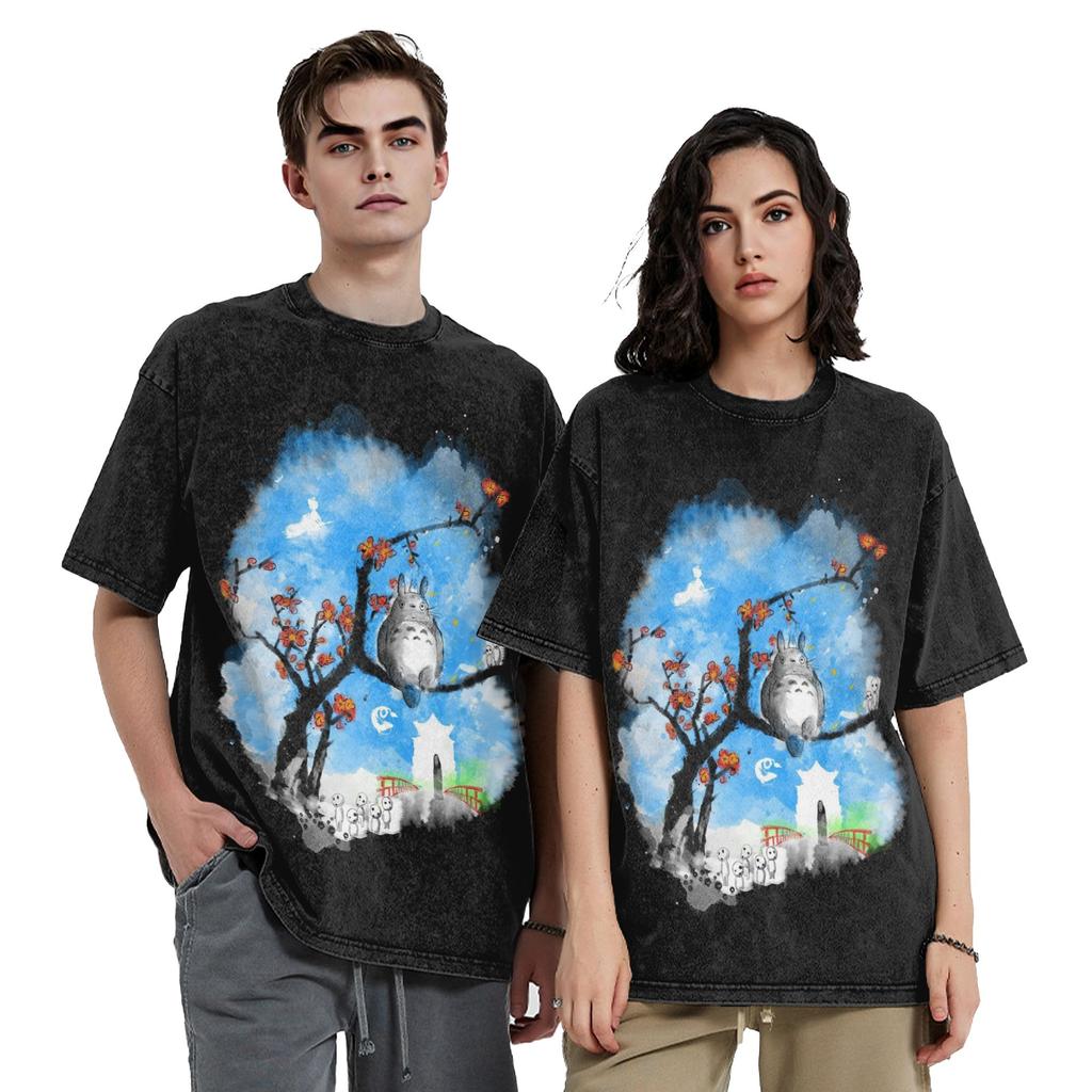 Tree Spirits And Susuwatari Soot Sprites Washed T Shirt Streetwear Retro T-Shirts Tees for Men Women Cotton Oversize Summer