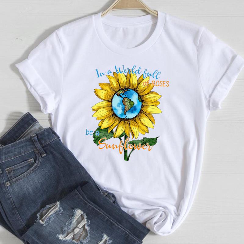(Asian Size) Women Print Flower Sunflower Trend Cute Style Trend Tee Top Clothing Fashion Tshirt Lady Female Casual Short Sleeve Graphic T-shirt