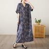 2025 Summer Plus Size Long Dress Basic Women Casual Loose Vintage Oversized V-Neck New Printing Dress