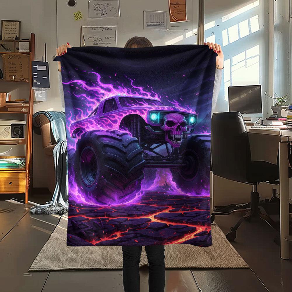 1Pc BadBeastTruck Print Flannel Blanket, High quality Comfortable for All Seasons, Home Decor, Warmth and Comfort, Perfect for Christmas Gifts