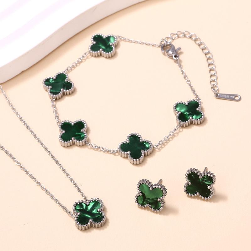 3PCS Double-sided Clover Jewelry Necklace Bracelet Earring Set