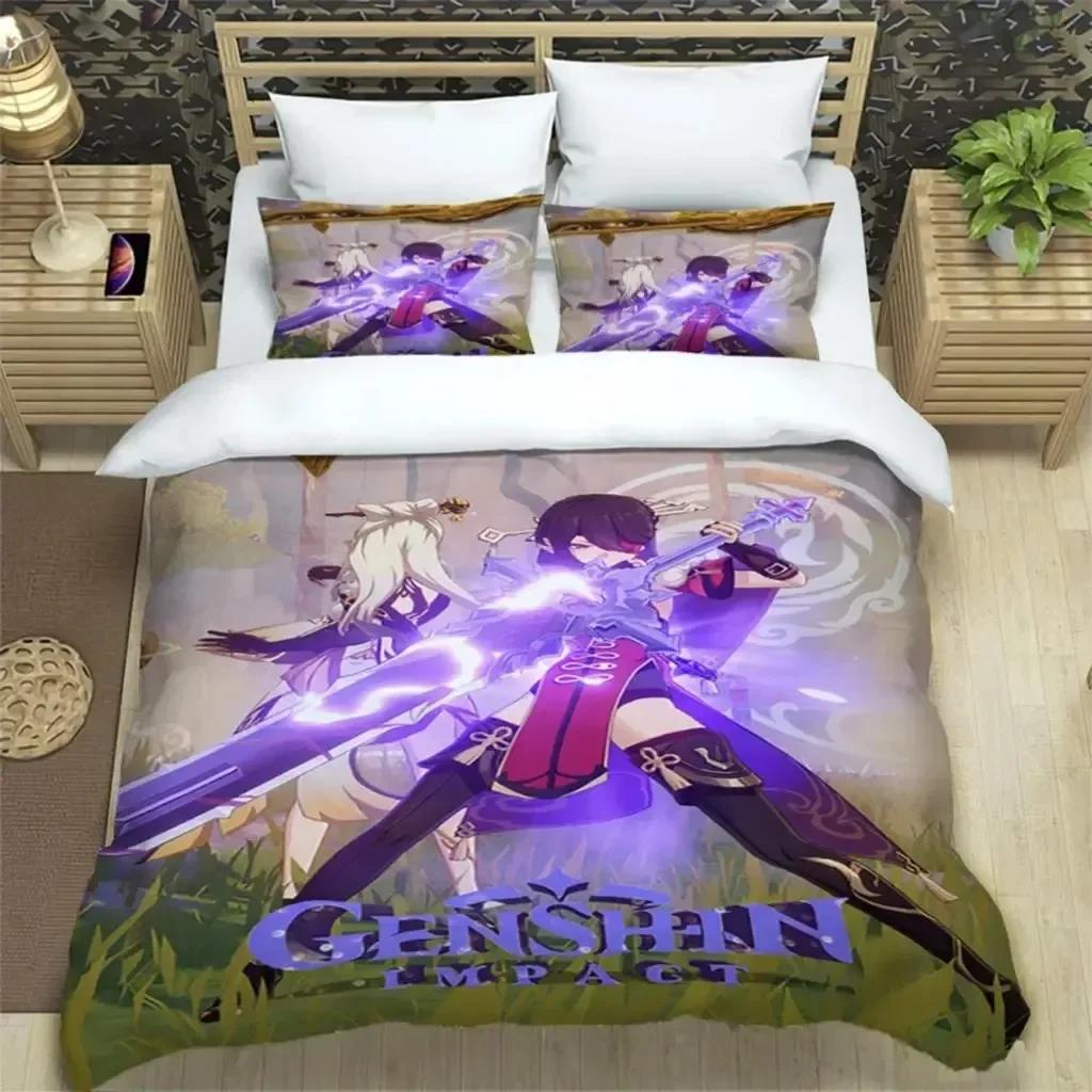 Комплект постельного белья Genshin Impact Print из трех предметов Модные изделия для мальчиков или взрослых для кроватей Пододеяльники Наволочки Комплект постельного белья