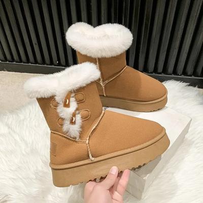 Модные зимние новые толстые сноубутсы женские модные с круглым носком замшевые с роговой пряжкой противоскользящие износостойкие сапоги до середины икры