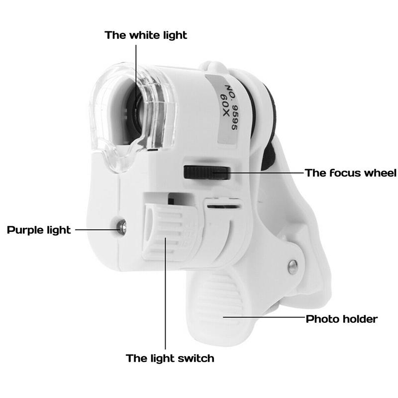 60X Универсальный мини-зажим для мобильного телефона со светодиодной УФ-лампой, лупа для микроскопа, лупа