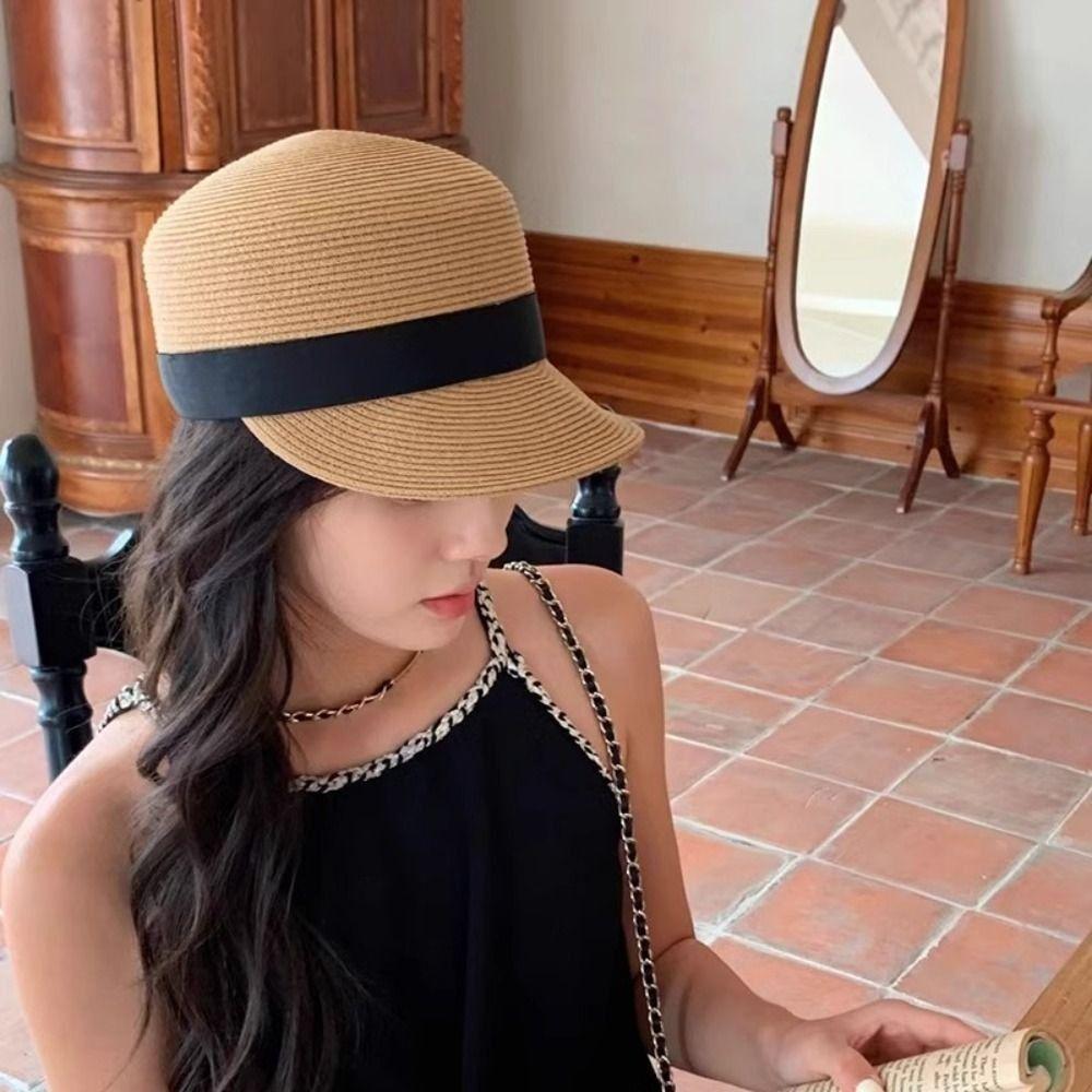 French Woven Straw Cap Elegant Equestrian Hat Ins Bow Straw Cap  Ladies/Girls