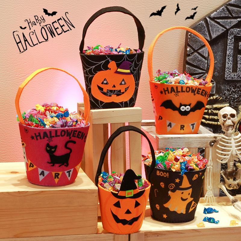 Halloween Trick or Treat Bucket Non-Woven Candy Bag Kids Portable Pumpkin Ghost Gift Tote Pouch