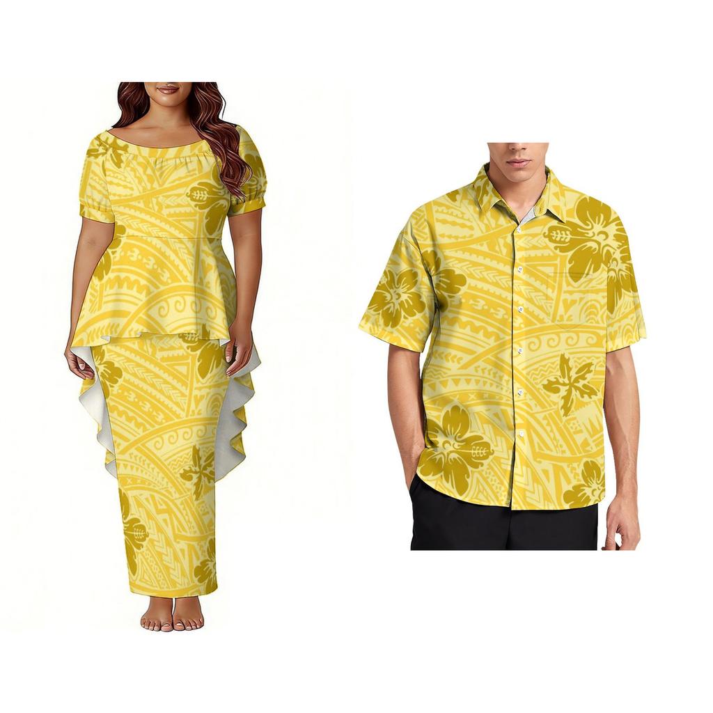 Custom Polynesian Bubble Short Sleeve Long Dress Lady Puletasi Dress Match Plus Size Men Stiff Neck Shirt Sets off Couples 2pcs