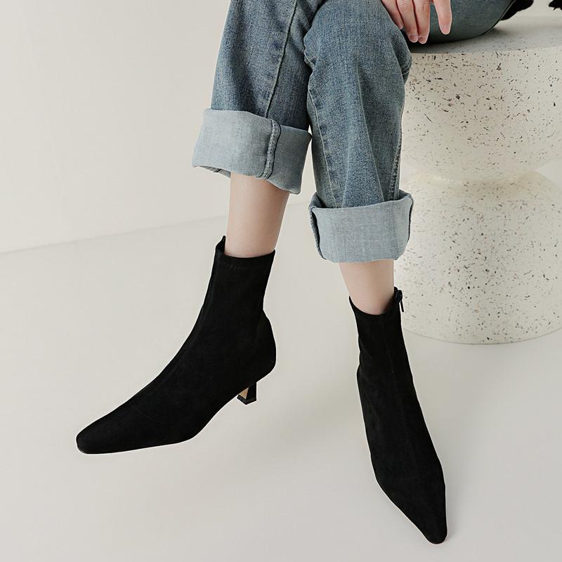 Короткие заостренные сапоги женские ботильоны на каблуке-кошке босоножки на осень и зиму на низком каблуке высокие каблуки европейские товары маленький каблук кофейные носки сапоги тонкие ботильоны