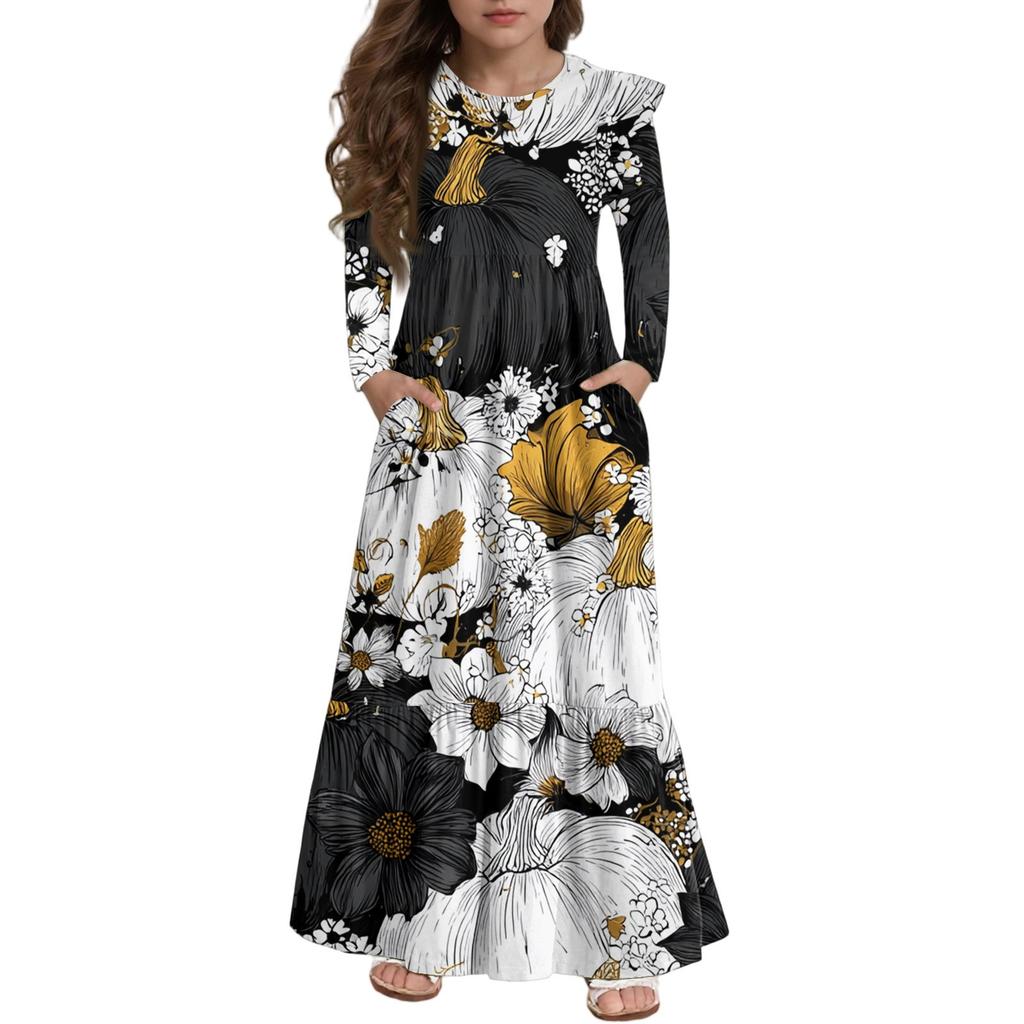 Платье с многоярусными оборками для девочек на Хэллоуин - Макси с длинным рукавом и принтом, с карманами