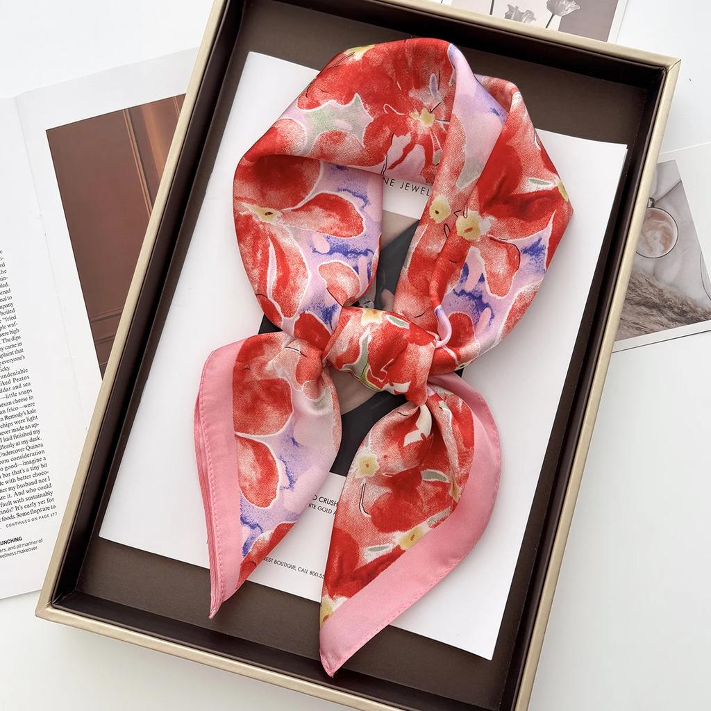 Color-blocked Print Shawl Square Scarf for Women Satin Fashion Wraps Neckerchief Female Hair Bands Ribbon Headband Bandana