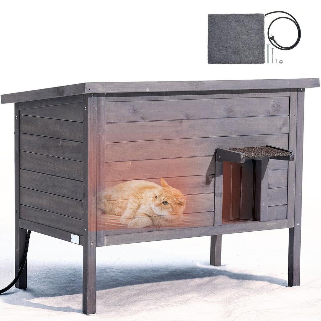 Heated Cat House, Insulated Wooden Cat House for Outdoor Cats, Waterproof Feral Kitty Shelter with Heating Pad, PVC Flap Door & Openable Asphalt Roof