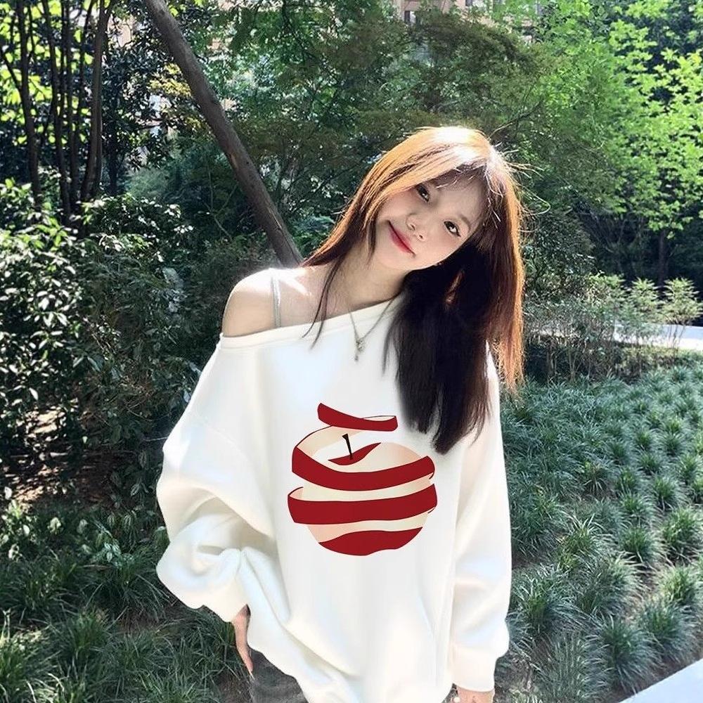 French slanted shoulder off-shoulder white apple print sweater women's autumn new sweet girl design loose top