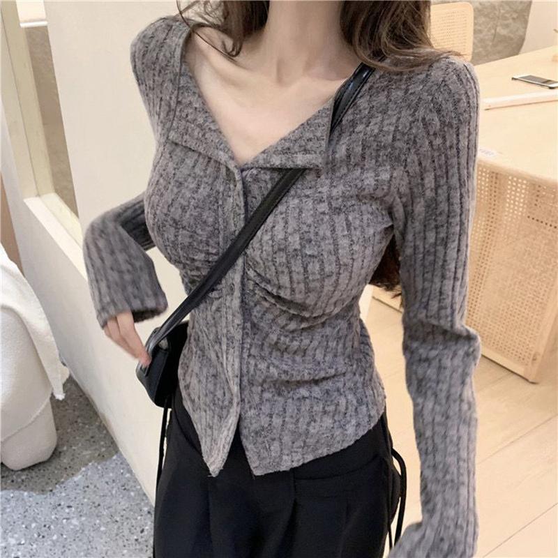 Y2k Knitted Cardigan Women Collar Sweater Coat Vintage Long Sleeve Single Breasted Top Fashion Girls Knitwear