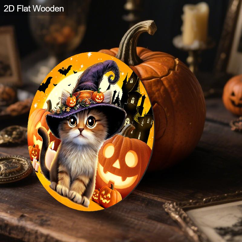 Halloween Wooden Sign with Adorable Cat Pattern - Charming Figurine Ornaments - Ideal for Front Door, Wall, Room Decor