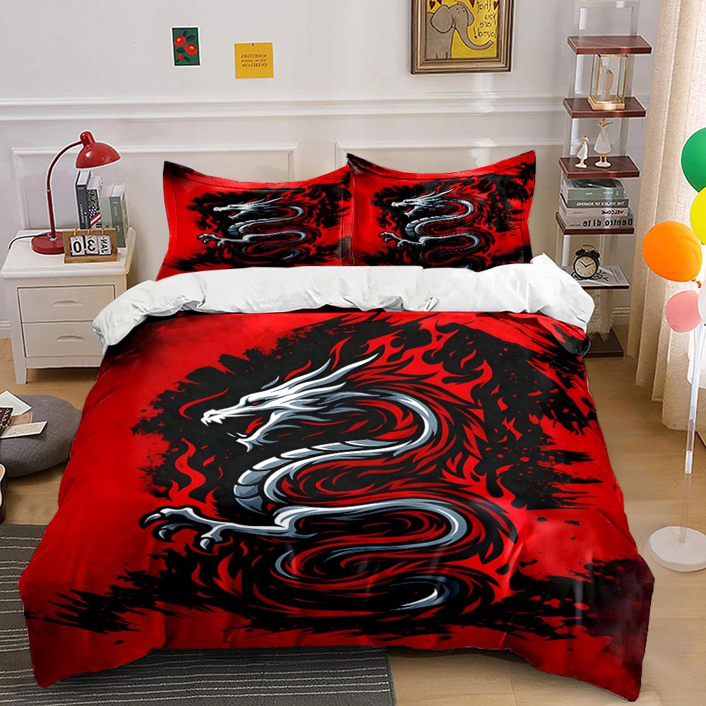 Silver dragon, red flames. Bedding sets Duvet cover sets Duvet covers Pillowcases(1 * Duvet Cover 2 * Pillowcases without duvet insert)