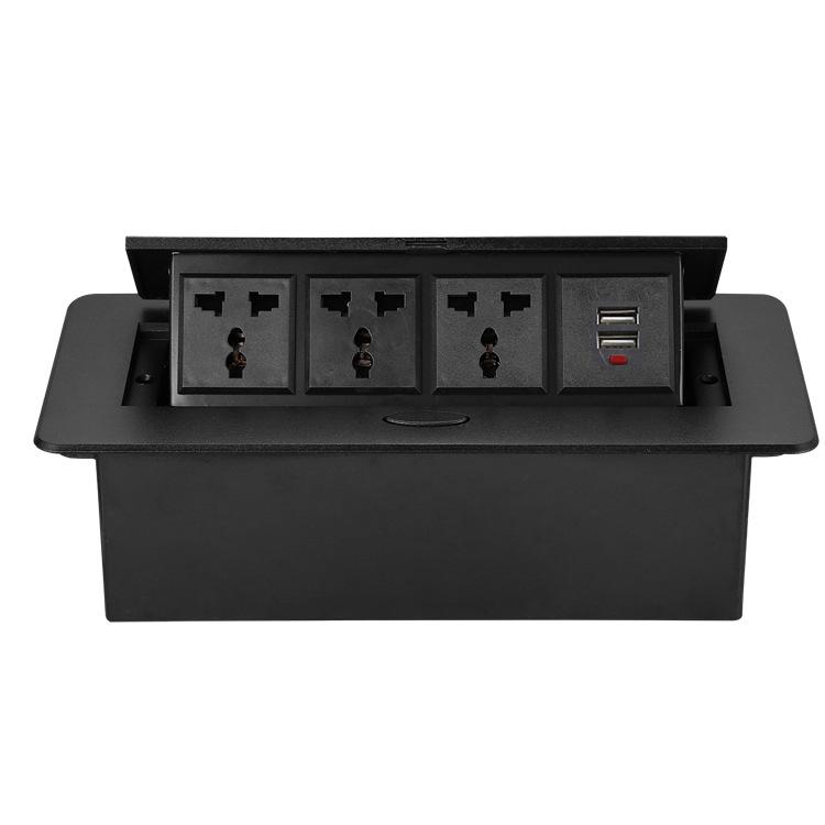 Универсальная серебристая выдвижная USB-розетка для рабочего стола с тремя встроенными отверстиями