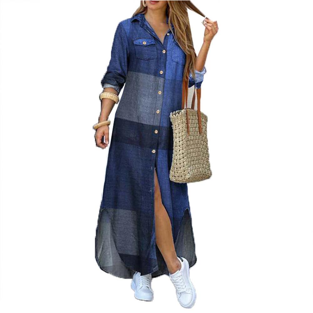 New Women's Spring and Autumn Fashionable Sexy Single-breasted Shirt Long Skirt Loose Lapel Dress
