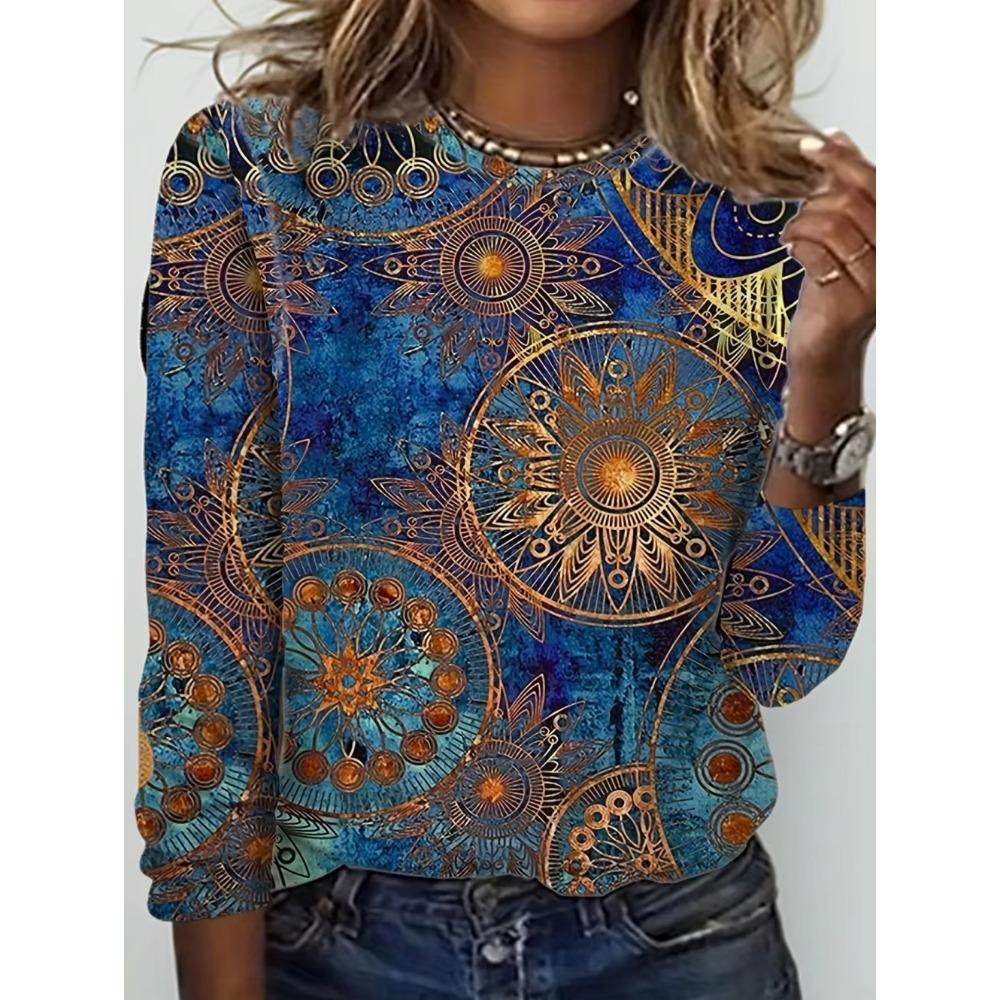 Women's T-Shirts Spring Autumn Bohemian Style Fashion Casual Vintage Pattern Female Long Sleeve T-Shirt Loose Womens Clothing