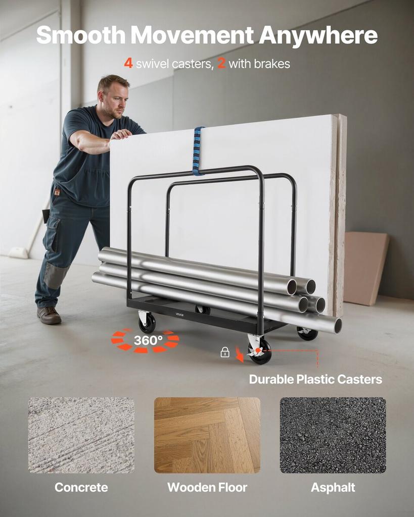 Drywall Cart Dolly, 816 kg Load Capacity, Steel Panel Truck Cart with 12.5 mm Swivel Casters, Lumber Drywall Dolly with with Tie-Down Strap & 3 Side