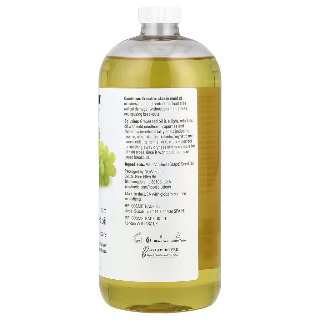 Now Foods Solutions, Pure Grapeseed Oil, All Skin Types, 32 Fl Oz (946 Ml)