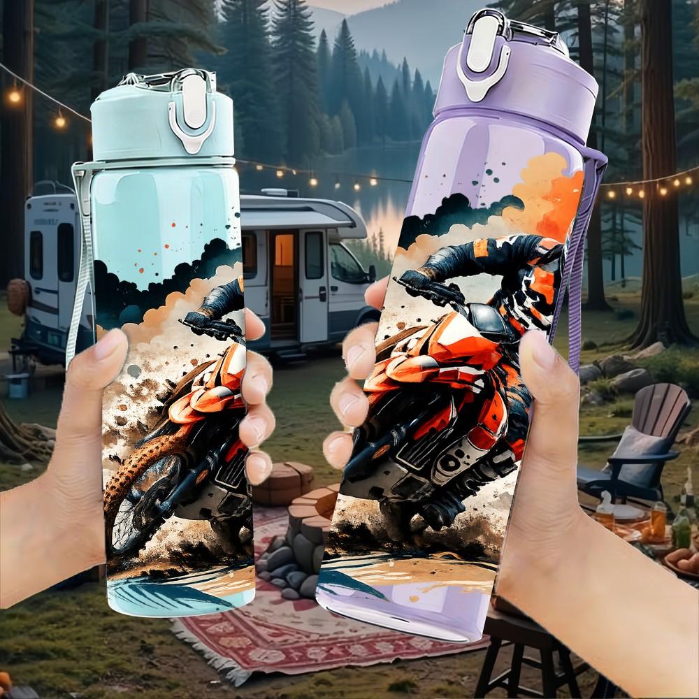 1PC Racing Motorcycle Rider Pattern 750ml Color Plastic Sports Water Bottle Leakproof Flip Straw Lid Suitable for Sports Office Home Use